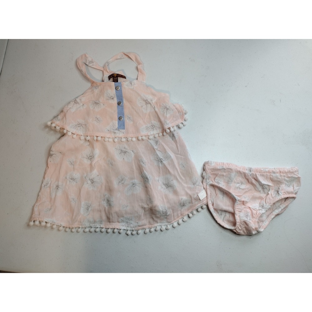 7 For All Mankind Baby Girls Peach Floral Pom Pom Dress and Diaper Cover Set 18M